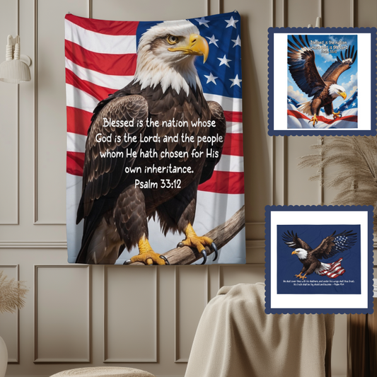 Psalm 33:12 American Eagle & Flag Throw Blanket  Kozzyco throw blanket