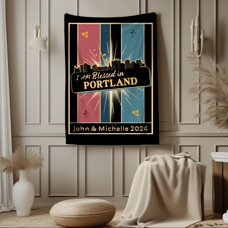 "I Am Blessed In" Portland Main Skyline Throw Blanket - Kozzyco