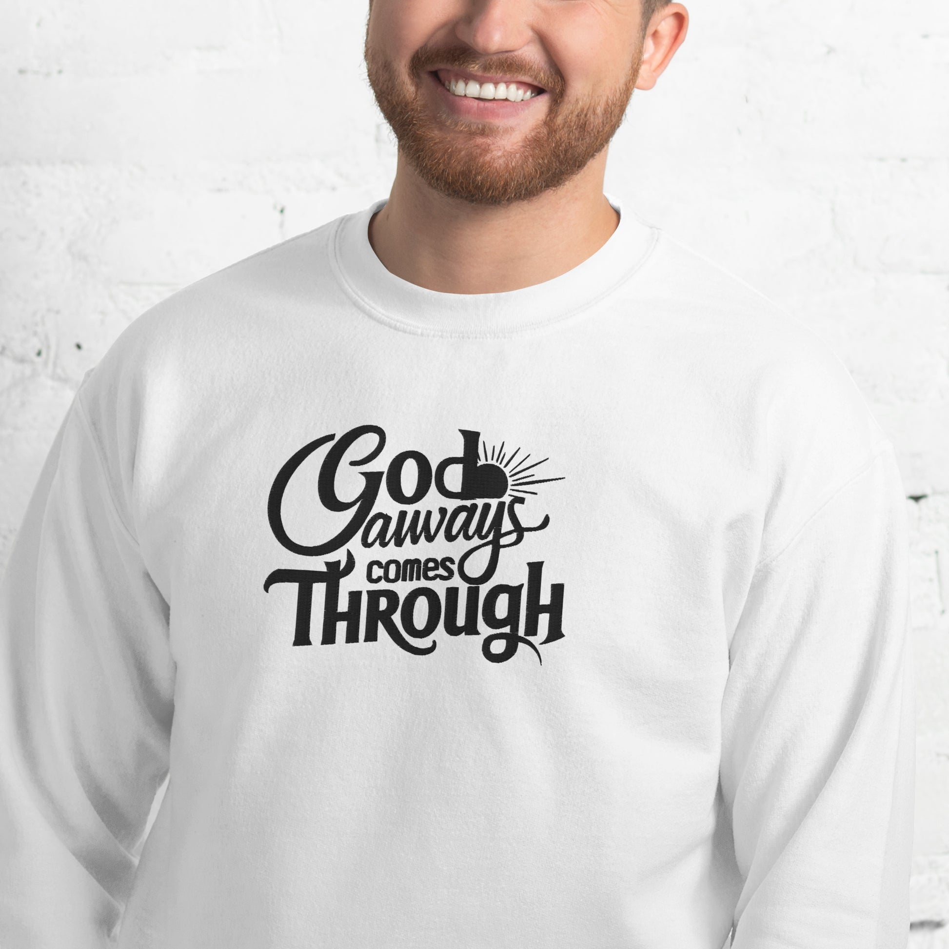 Embroidered God Always Come Through Sweatshirt  Kozzyco embroidered sweatshirt